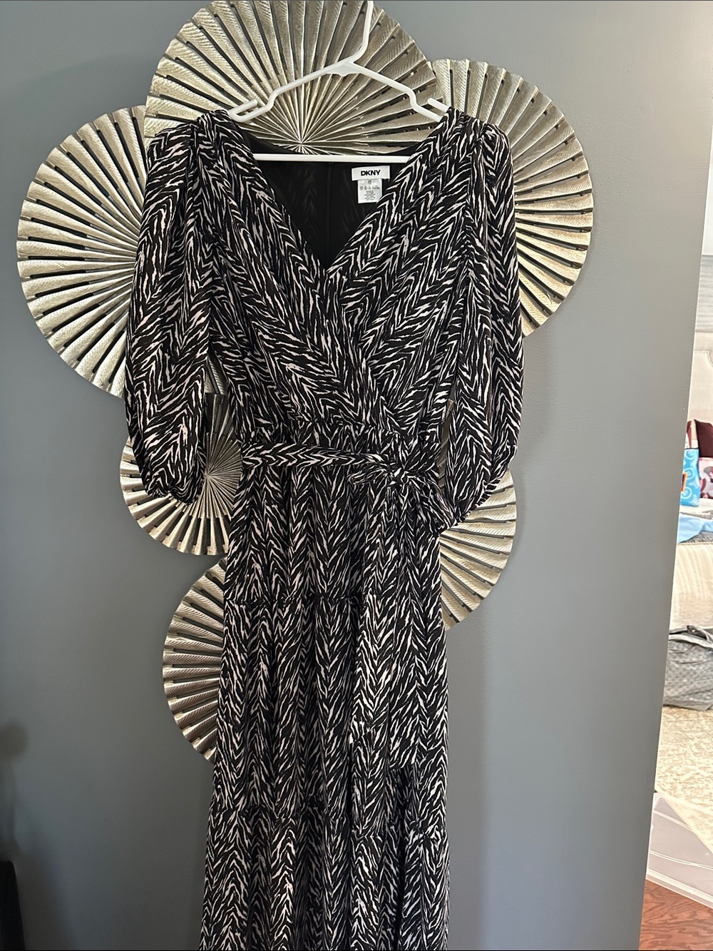 DKNY Black & White Printed Faux-Wrap Maxi Dress